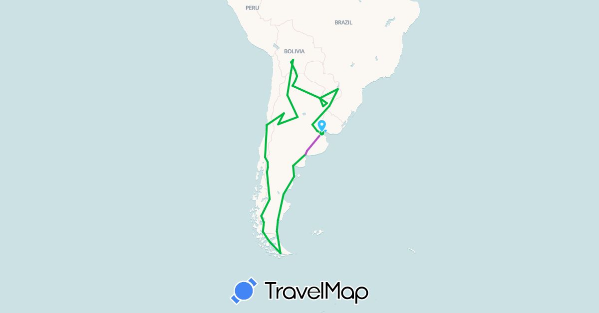 TravelMap itinerary: bus, plane, train, boat in Argentina, Bolivia, Brazil, Chile, Uruguay (South America)